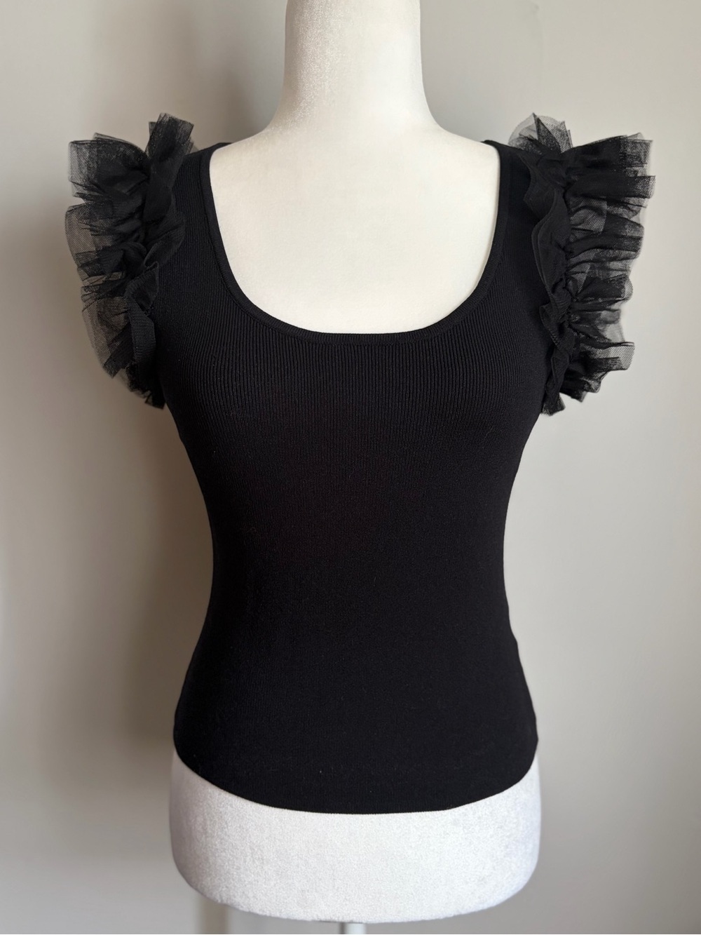 Bailey 44 Black Ribbed Knit Top with Tulle Ruffle Sleeves XS